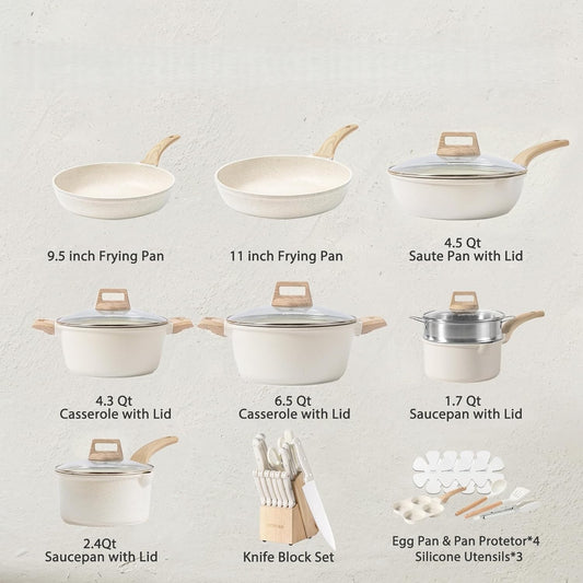 21Pcs Pots and Pans Set, Nonstick Cookware Sets, White Granite Induction Cookware Non Stick Cooking Set w/Frying Pans & Saucepans