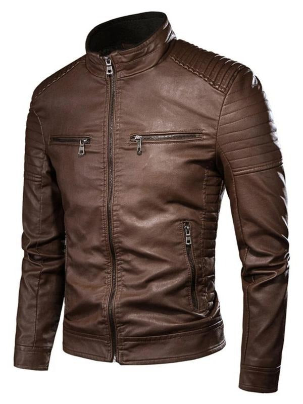 Men's Solid Pocket Zipper Faux Leather Jacket – Casual Outerwear for Fall & Winter