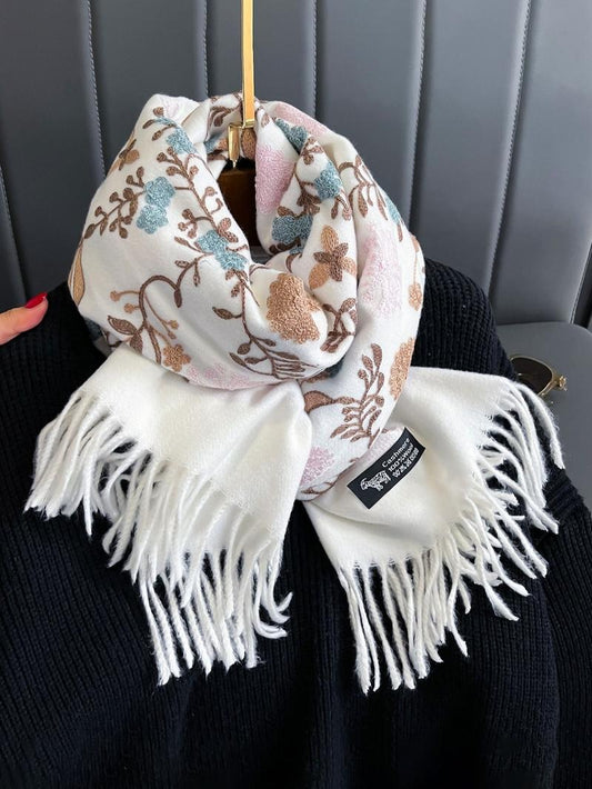 Boho Style Plants Embroidery Double Sided Scarf, Casual Soft Warm Fringe Trim Shawl for Women & Men, Fashion Accessories for Daily Wear