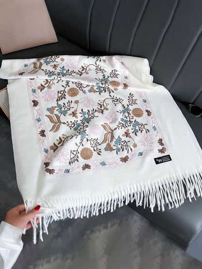 Boho Style Plants Embroidery Double Sided Scarf, Casual Soft Warm Fringe Trim Shawl for Women & Men, Fashion Accessories for Daily Wear