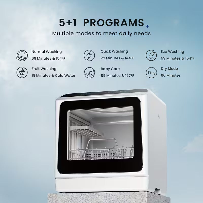 6-Program Mini Portable Dishwasher with 5L Water Tank & Dual Glass Door