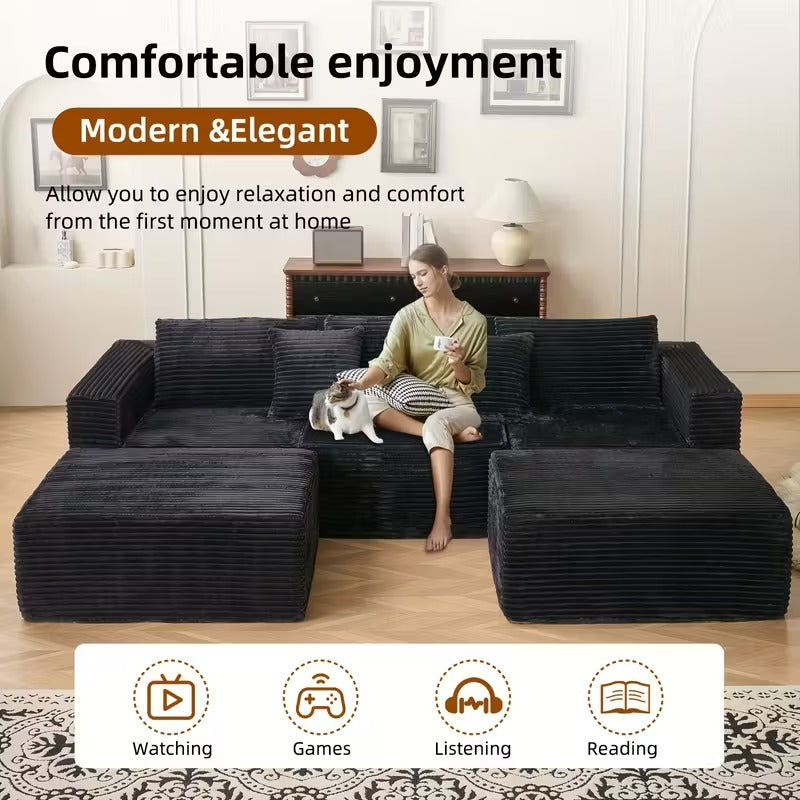 10.24-Inch Modular U-Shaped Corduroy Sofa, 4-Seater Sectional with Chaise Lounge, Freely Combinable Living Room Sofa in Black or Grey