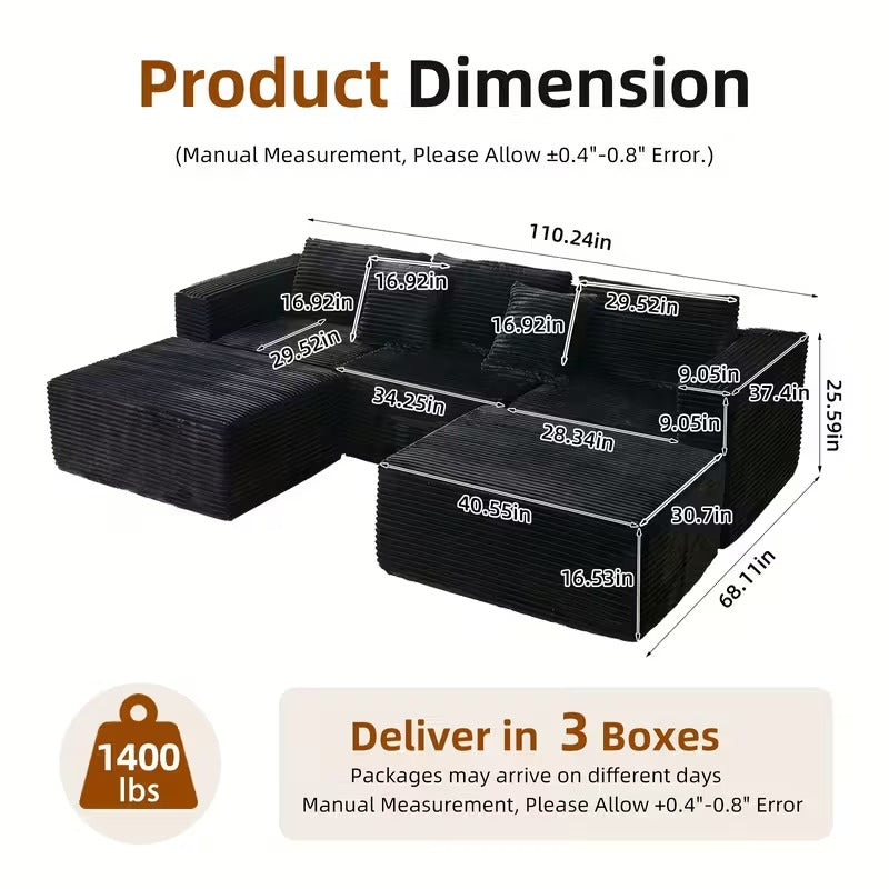 10.24-Inch Modular U-Shaped Corduroy Sofa, 4-Seater Sectional with Chaise Lounge, Freely Combinable Living Room Sofa in Black or Grey