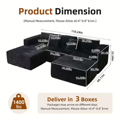 10.24-Inch Modular U-Shaped Corduroy Sofa, 4-Seater Sectional with Chaise Lounge, Freely Combinable Living Room Sofa in Black or Grey