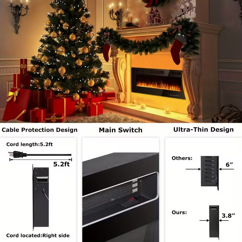 Slimline Electric Fireplace, Wall or Table, Realistic Flame, 120V US