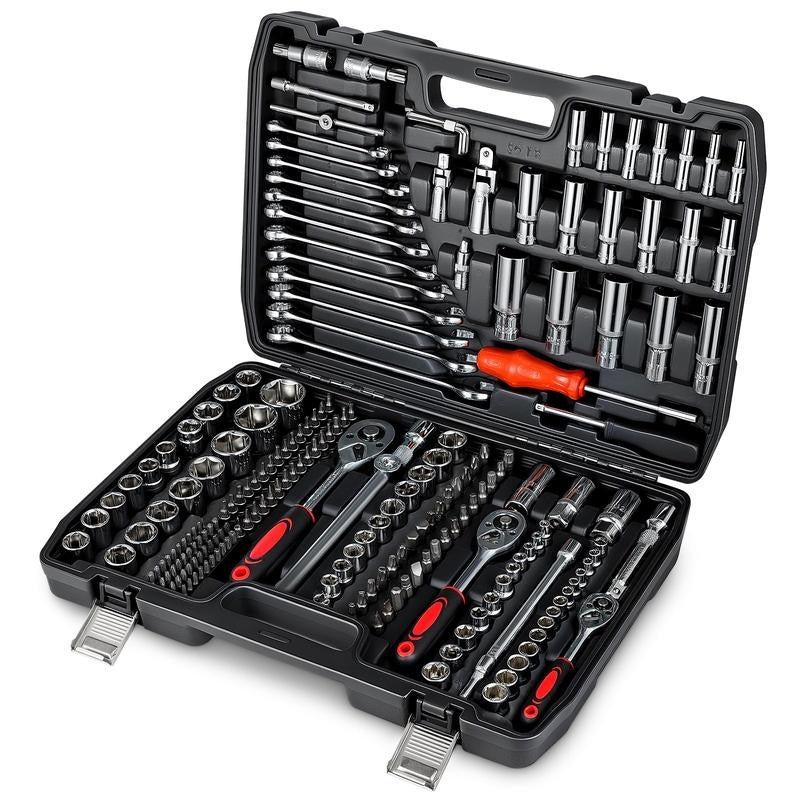 216Pcs Mechanic Tool Set with Ratchet Wrench Sockets Spanners Bits Set and Hex Key Comprehensive Auto Repair Tool Kit (Including The Case) – 1/2", 1/4", 3/8" Drive Socket Set with Ratchet Wrenches, Spanners, Bits, Hex Keys – Car Tool Kit in Case
