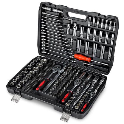 216Pcs Mechanic Tool Set with Ratchet Wrench Sockets Spanners Bits Set and Hex Key Comprehensive Auto Repair Tool Kit (Including The Case) – 1/2", 1/4", 3/8" Drive Socket Set with Ratchet Wrenches, Spanners, Bits, Hex Keys – Car Tool Kit in Case