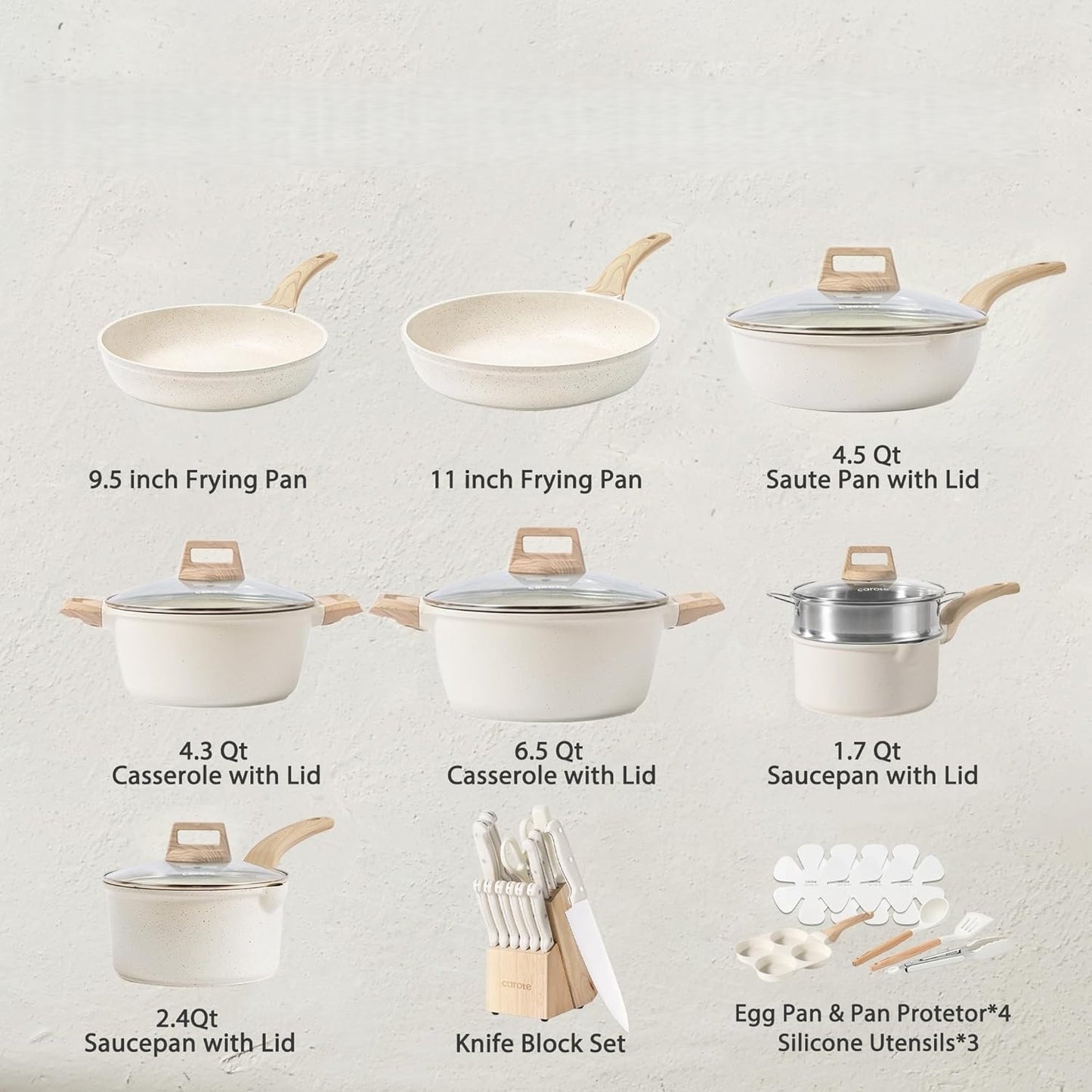 21Pcs Pots and Pans Set, Nonstick Cookware Sets, White Granite Induction Cookware Non Stick Cooking Set w/Frying Pans & Saucepans