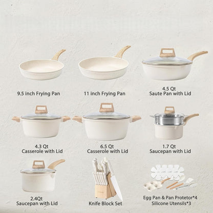 21Pcs Pots and Pans Set, Nonstick Cookware Sets, White Granite Induction Cookware Non Stick Cooking Set w/Frying Pans & Saucepans