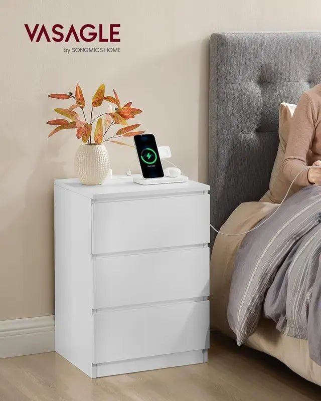 HOME Bedside Table with Charging Station, Side End Table with 3 Drawers, 2 AC Outlets, 2 USB Ports, Bevelled Drawer Fronts, for Living Room, Bedroom, Study, Modern, Apartment