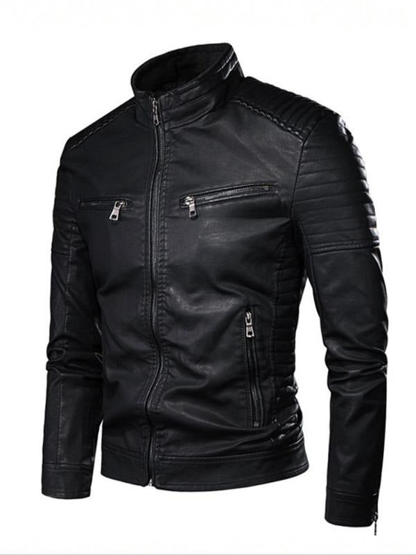 Men's Solid Pocket Zipper Faux Leather Jacket – Casual Outerwear for Fall &amp; Winter