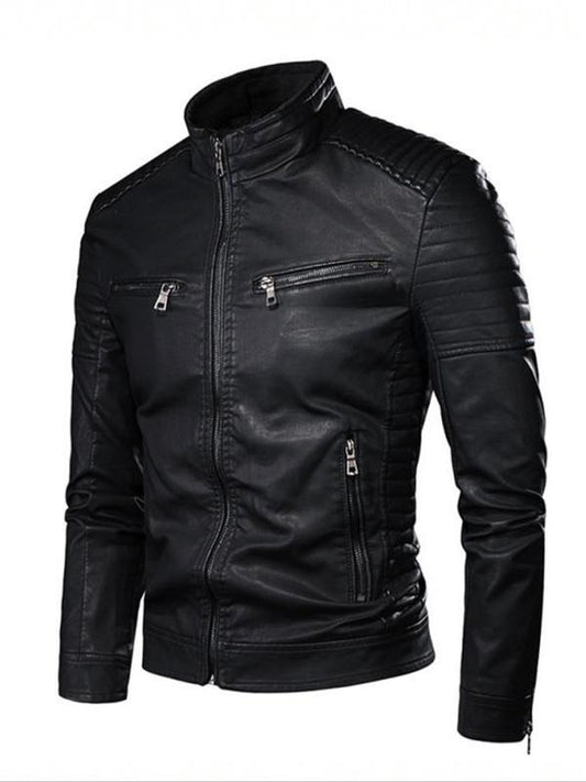 Men's Solid Pocket Zipper Faux Leather Jacket – Casual Outerwear for Fall &amp; Winter