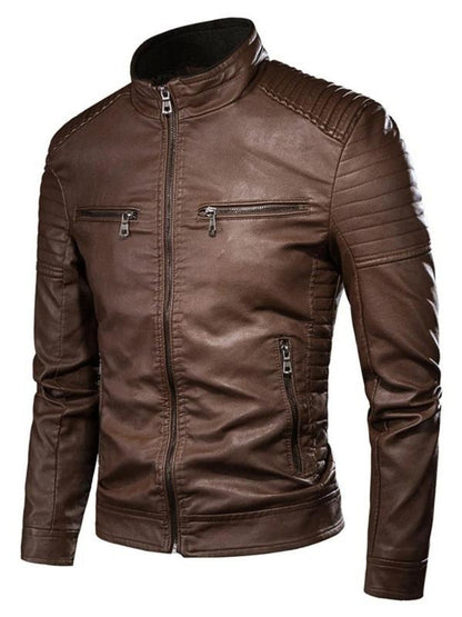 Men's Solid Pocket Zipper Faux Leather Jacket – Casual Outerwear for Fall &amp; Winter